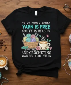 Black t-shirt with "In My Dream World Yarn Free Coffee Healthy And Crocheting Makes You Thin" quote, yarn basket, and