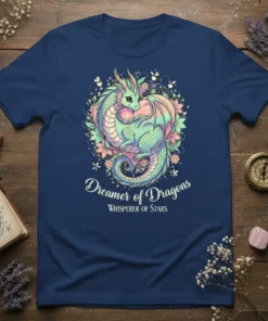Dreamer of Dragons Whisperer of Stars text with a pastel dragon and floral design on a navy t-shirt