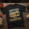 Black t-shirt featuring the text "DRESSED like a CHAMPION" with a graphic of a shrimp po boy sandwich and Blue
