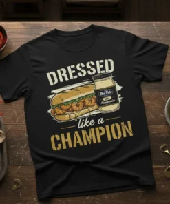 Black t-shirt featuring the text "DRESSED like a CHAMPION" with a graphic of a shrimp po boy sandwich and Blue