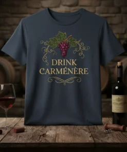 T-shirt with "DRINK CARMÉNÈRE" text and a bunch of grapes graphic in gold