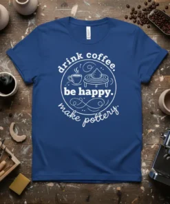 drink coffee. be happy. make pottery. eye-catching graphic design printed on comfortable cotton t-shirt