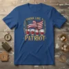 Drink Like A Patriot t-shirt design with American flag and shot glasses, patriotic theme, bold gold text