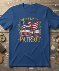 Drink Like A Patriot t-shirt design with American flag and shot glasses, patriotic theme, bold gold text