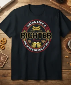 Black t-shirt with "DRINK LIKE A RICHTER OR DON'T DRINK AT ALL! Prost!" text, sausages, pretzels, and beer mugs graphic