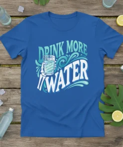 Blue t-shirt with "DRINK MORE WATER" text in stylized blue and white lettering, featuring a hand holding a glass of