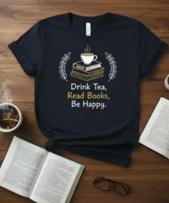 Drink Tea, Read Books, Be Happy quote on a dark t-shirt, featuring a stack of books and a cup of