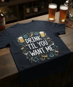 Navy blue t-shirt with "Drink 'Til You Want Me" text surrounded by cocktail and beer graphics