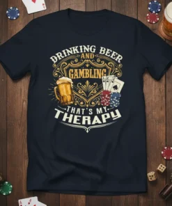 Drinking Beer and Gambling That's My Therapy t-shirt design with beer mug, poker chips, and playing cards graphic