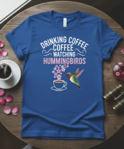Drinking Coffee Watching Hummingbirds t-shirt with white and pink text and a hummingbird near a coffee cup with flowers