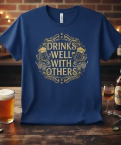 Navy blue t-shirt with gold text "Drinks Well With Others" and graphics of beer mugs and hops