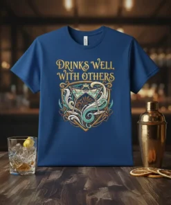 T-shirt with "Drinks Well With Others" text and martini glass graphic in a decorative shield
