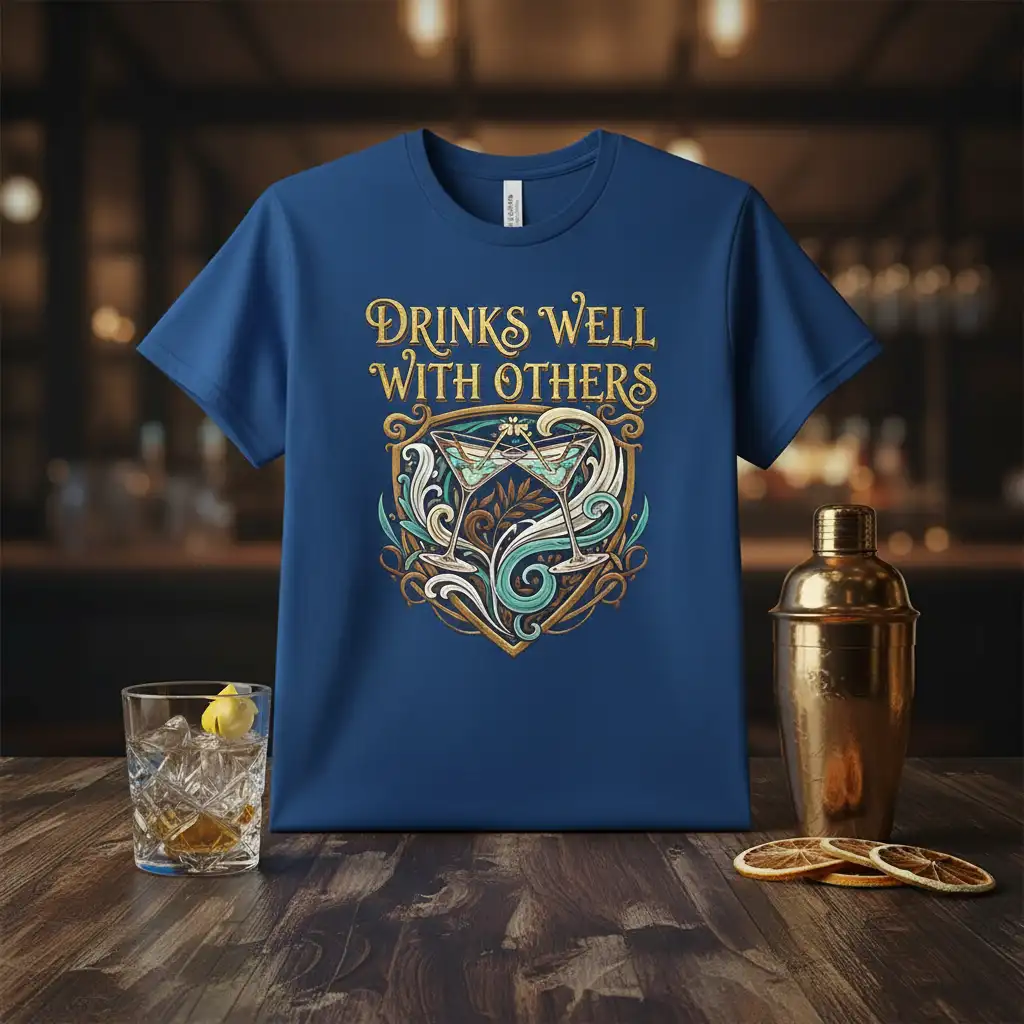 Drinks Well With Others humorous quote on a blue t-shirt with martini glass design