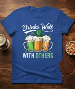 St. Patrick's Day t-shirt with "Drinks Well WITH OTHERS" text and three beer mugs graphic