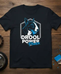Bull terrier dog design with "Drool Power Power" text, featuring a blue and white bull terrier head inside a hexagonal