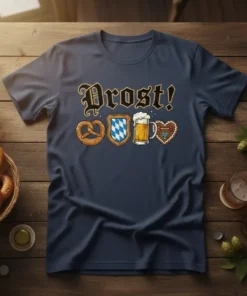 Drost! Oktoberfest T-Shirt featuring a pretzel, Bavarian shield, beer mug, and gingerbread heart design