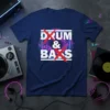 Drum & Bass text design with red Xs and neon graphic on a navy blue t-shirt