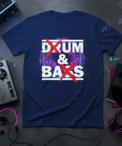 Drum & Bass text design with red Xs and neon graphic on a navy blue t-shirt