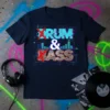 Navy t-shirt with "DRUM & BASS" in stylized, glitchy text, featuring a red 'X' over "DRUM" and "BASS", with a