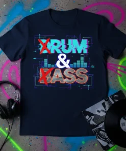 Navy t-shirt with "DRUM & BASS" in stylized, glitchy text, featuring a red 'X' over "DRUM" and "BASS", with a
