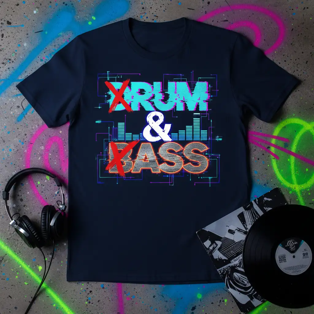 Drum & Bass music genre t-shirt design with glitch effect and equalizer graphics