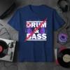 Drum & Bass text with crossed-out graphic and headphones on a navy blue t-shirt