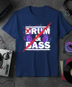 Drum & Bass text with crossed-out graphic and headphones on a navy blue t-shirt