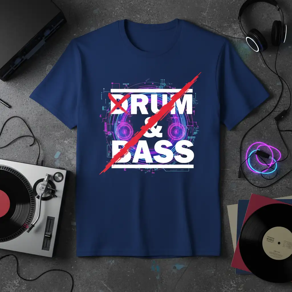 Drum & Bass text design with crossed-out graphic and headphones, representing electronic music