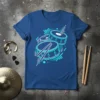 Abstract drum set graphic with drumsticks and blue geometric lines on a royal blue t-shirt