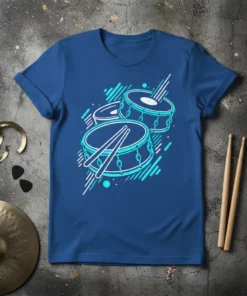 Abstract drum set graphic with drumsticks and blue geometric lines on a royal blue t-shirt