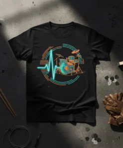 Drummer Beat T-Shirt featuring a neon heartbeat graphic intertwined with a drum kit inside a circular frame