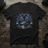 Drummer Rock On Graphic T-Shirt featuring robotic hands, drumsticks, drum, vinyl record, and neon geometric soundwave design