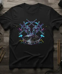 Drummer Rock On Graphic T-Shirt featuring robotic hands, drumsticks, drum, vinyl record, and neon geometric soundwave design