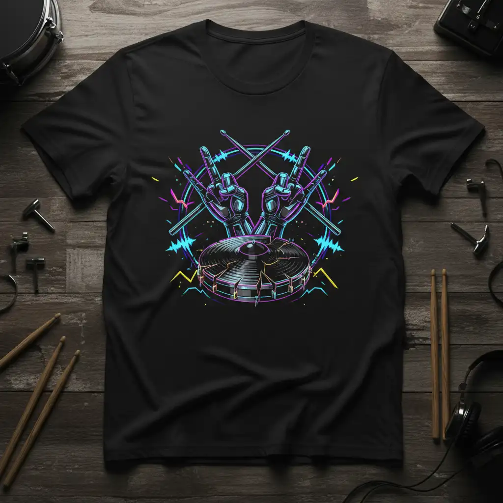 Vibrant neon Drummer Rock On Graphic T-Shirt with robotic hands, drumsticks, and musical elements