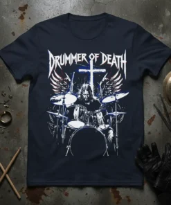 Drummer of Death heavy metal t-shirt design featuring a drummer behind a kit with wings and a cross graphic