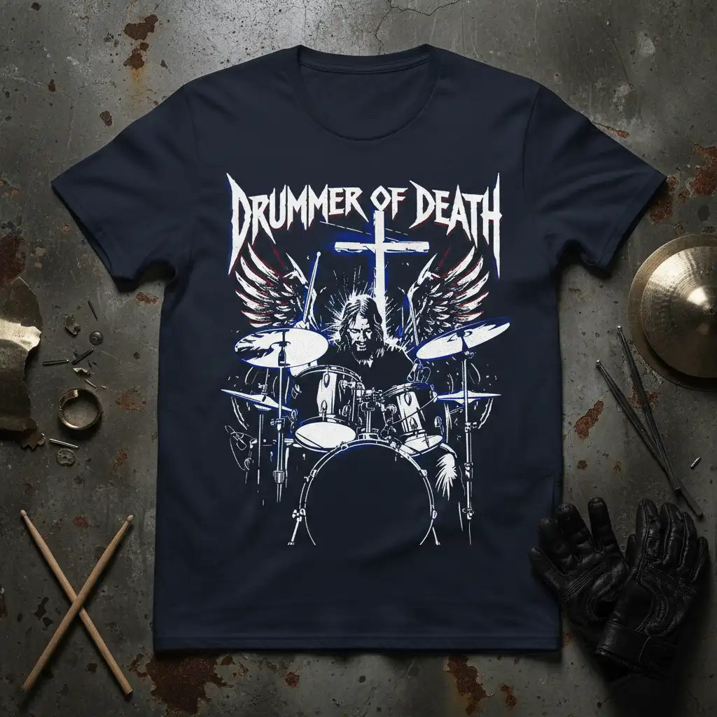 Drummer of Death heavy metal t-shirt featuring a drummer, wings, and cross graphic with bold typography