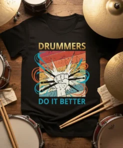 Black t-shirt with "Drummers Do It Better" text and a graphic of a fist holding drumsticks, surrounded by colorful abstract