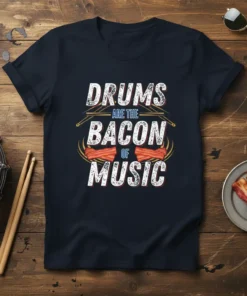 Drums Are The Bacon Of Music quote t-shirt with graphic of drumsticks and bacon strips