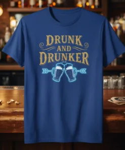 Drunk and Drunker quote with neon beer mugs graphic on a blue t-shirt
