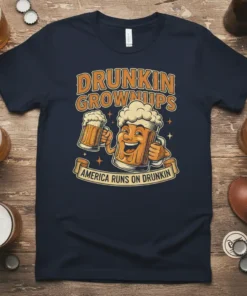 Drunkin Grownups America Runs On Drunkin t-shirt design featuring cartoon beer mugs and humorous text