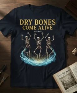 Dry Bones Come Alive Ezekiel 37 Christian T-Shirt with dancing skeletons and golden text