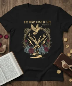 Black t-shirt with "Dry Bones Come To Life Ezekiel 37:1-10" text, skeleton hands, dove, roses, and lightning bolts graphic