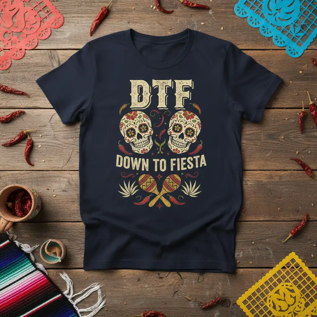DTF Down To Fiesta phrase with sugar skull art and maracas on a navy t-shirt