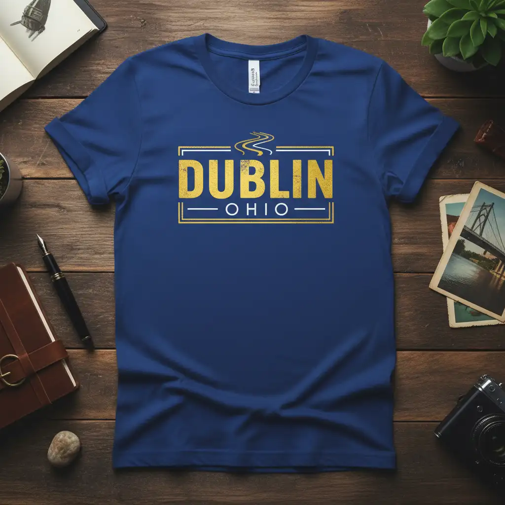 Dublin Ohio text graphic t-shirt design featuring distressed gold lettering and a wavy road icon