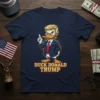Duck Donald Trump t-shirt design featuring a cartoon duck character resembling Donald Trump in a suit, with text "DUCK DONALD