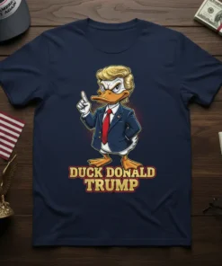 Duck Donald Trump t-shirt design featuring a cartoon duck character resembling Donald Trump in a suit, with text "DUCK DONALD