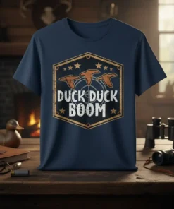 Duck Duck Boom graphic t-shirt with three flying ducks and target crosshairs, designed for hunters