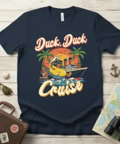 Duck, Duck Cruise t-shirt design featuring a cartoon duck in a hammock on a cruise ship, with palm trees and
