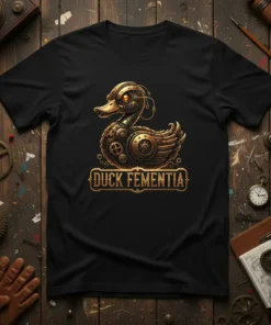 Steampunk mechanical duck design with "DUCK FEMENTIA" text, intricate gears and metallic finish