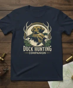 Duck Hunting Companion t-shirt design with a labrador retriever holding a duck, surrounded by antlers and foliage